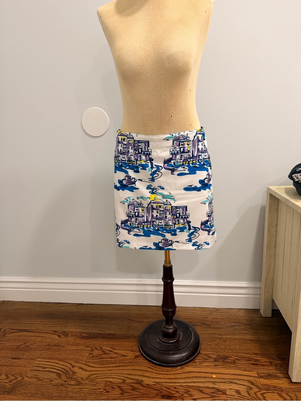 Lady Hagen White Mini Skirt with Blue and Aqua Coastal Print